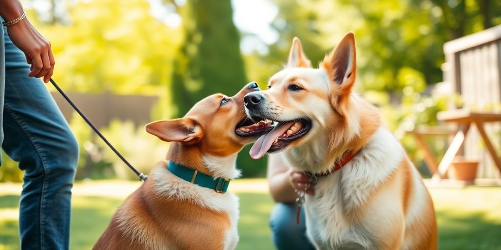 A dog and owner training in a sunny backyard.