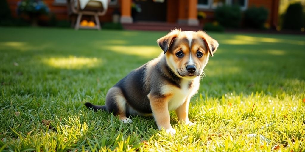 A cute puppy on grass in a sunny yard.