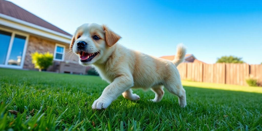 A cute puppy playing in a sunny backyard.