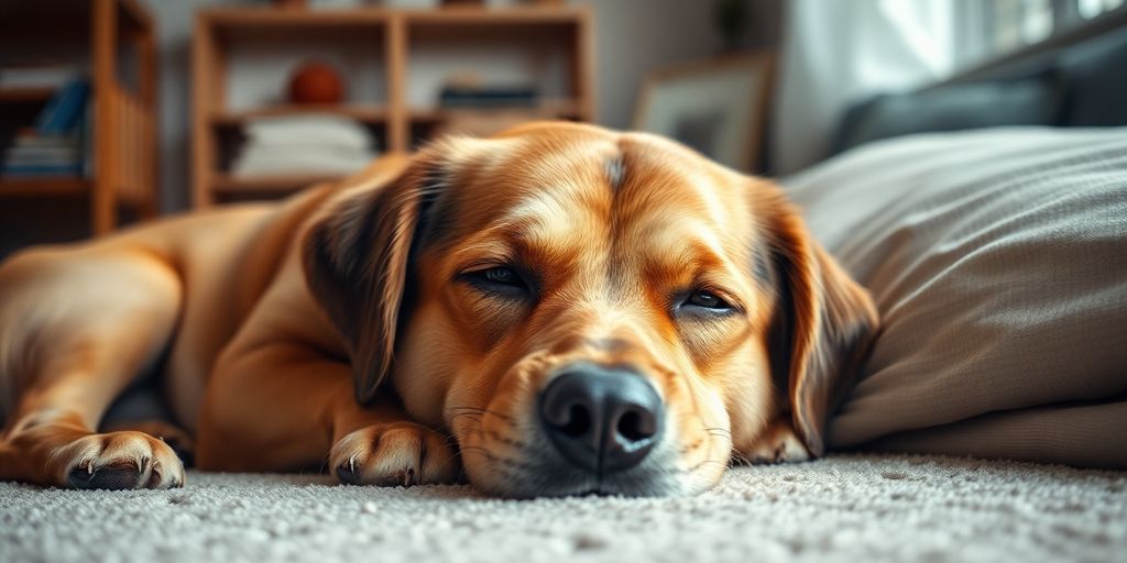 Calm dog resting in a cozy home environment.