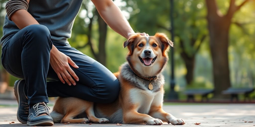 Calm dog with owner in peaceful park setting.