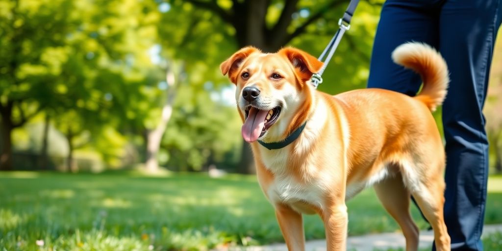 Dog walking nicely on a leash with its owner.