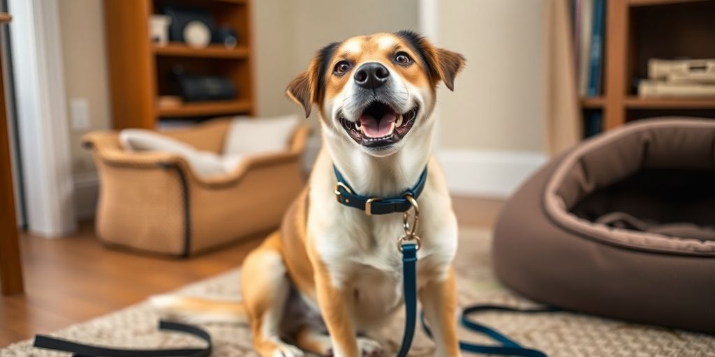 Happy rescue dog in a cozy home setting.