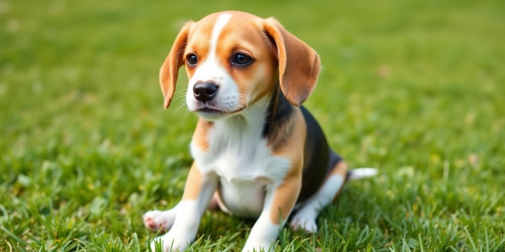 Curious Beagle puppy on a grassy lawn.