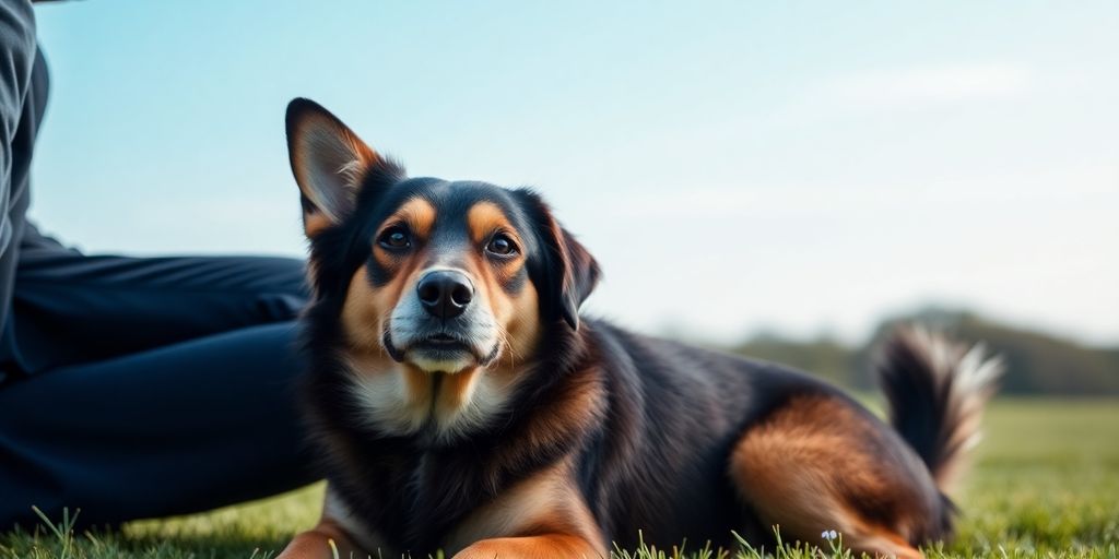 Calm dog sitting next to a person in park.