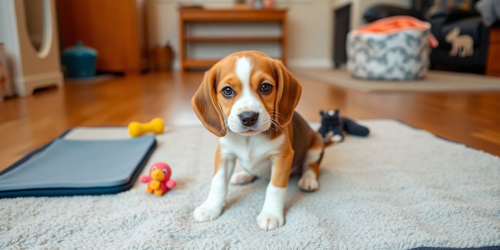 Beagle puppy training in a cozy home environment.