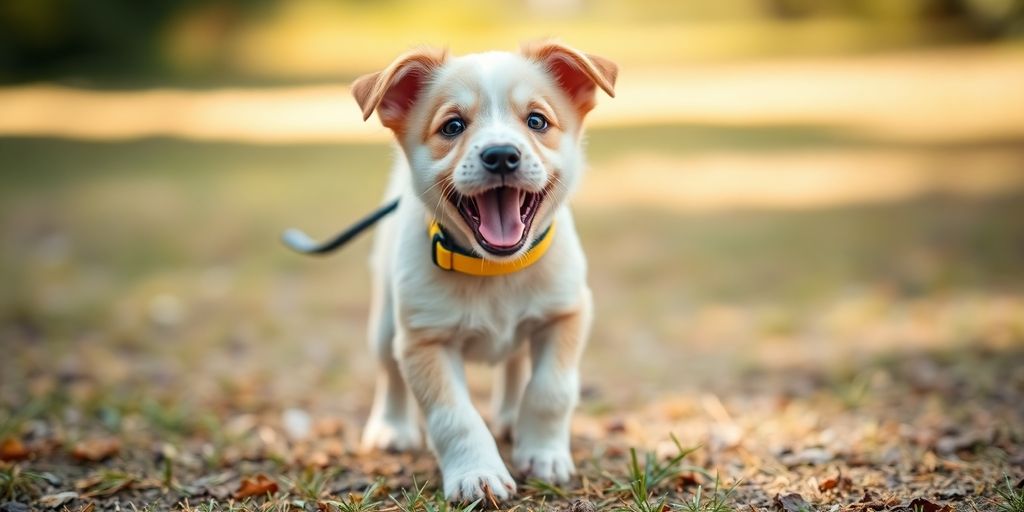 Puppy with leash enjoying outdoor exploration.