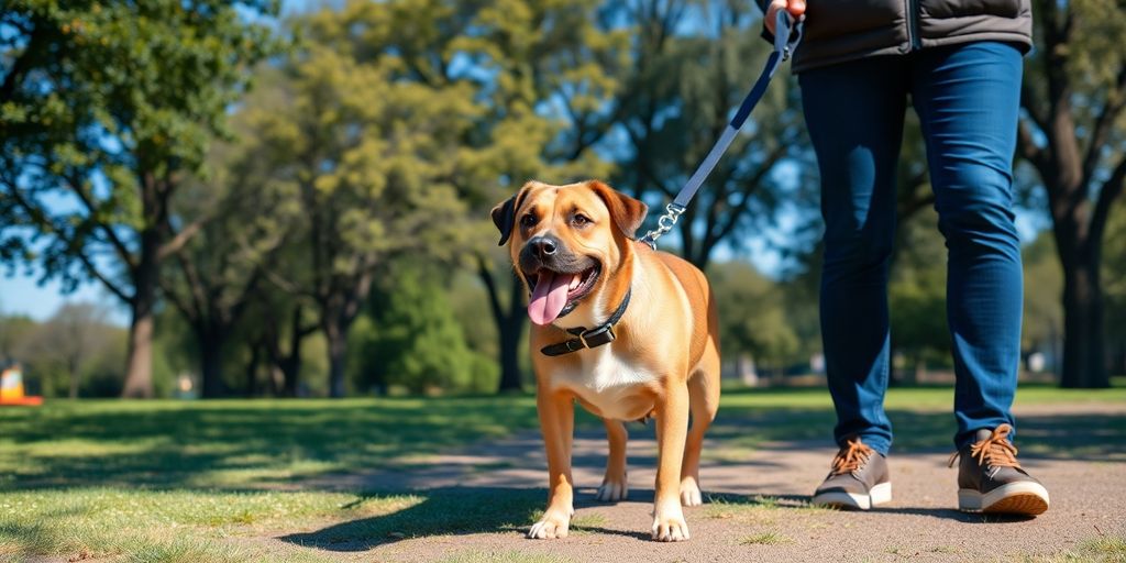 Calm dog walking peacefully with its owner in a park.