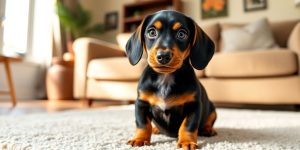 Curious Dachshund puppy in a cozy living room.