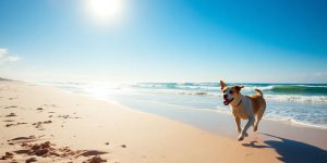 A happy dog playing on a beach during vacation.