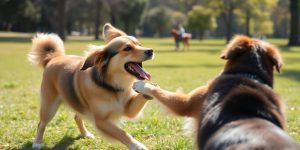 Two dogs playing gently in a sunny park.