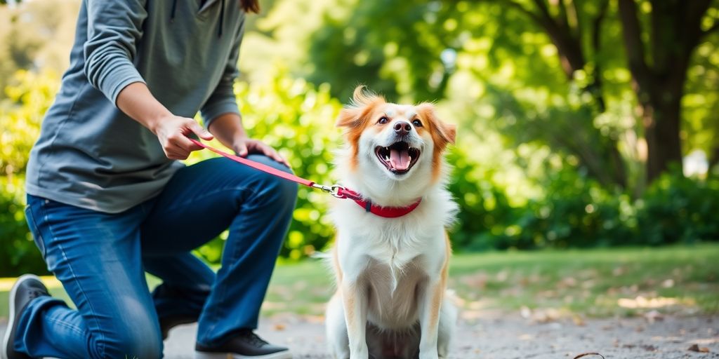 Dog on a leash training with its owner outdoors.