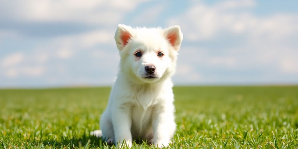 A fluffy Pyrenees puppy playing in the grass.